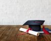 Mortar board and a graduation diploma